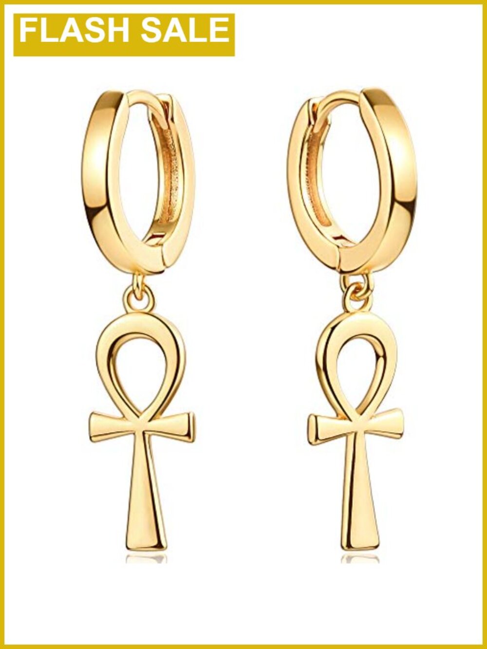 Dainty Dangle Hoop Earrings 14K Gold Plated Brass Ankh Symbol Women Charm